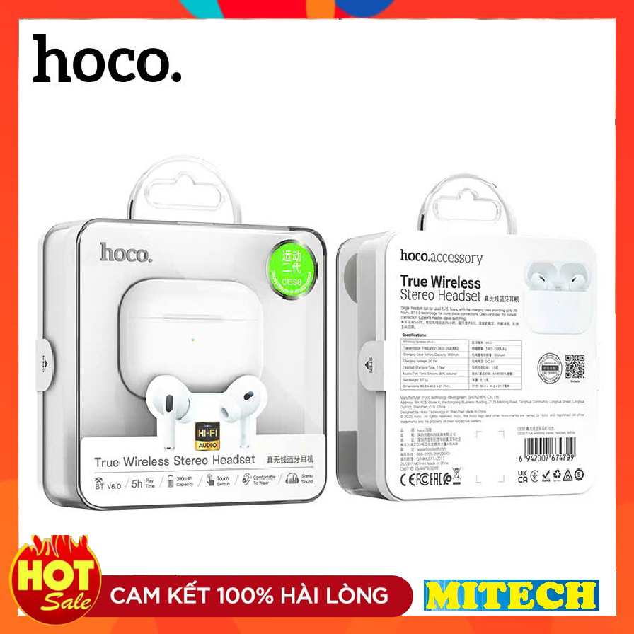 Tai nghe bluetooth V6.0 Hoco CES8 CES9 chống ồn, âm trong bass căng pin 5 giờ phù hợp mọi điện thoại