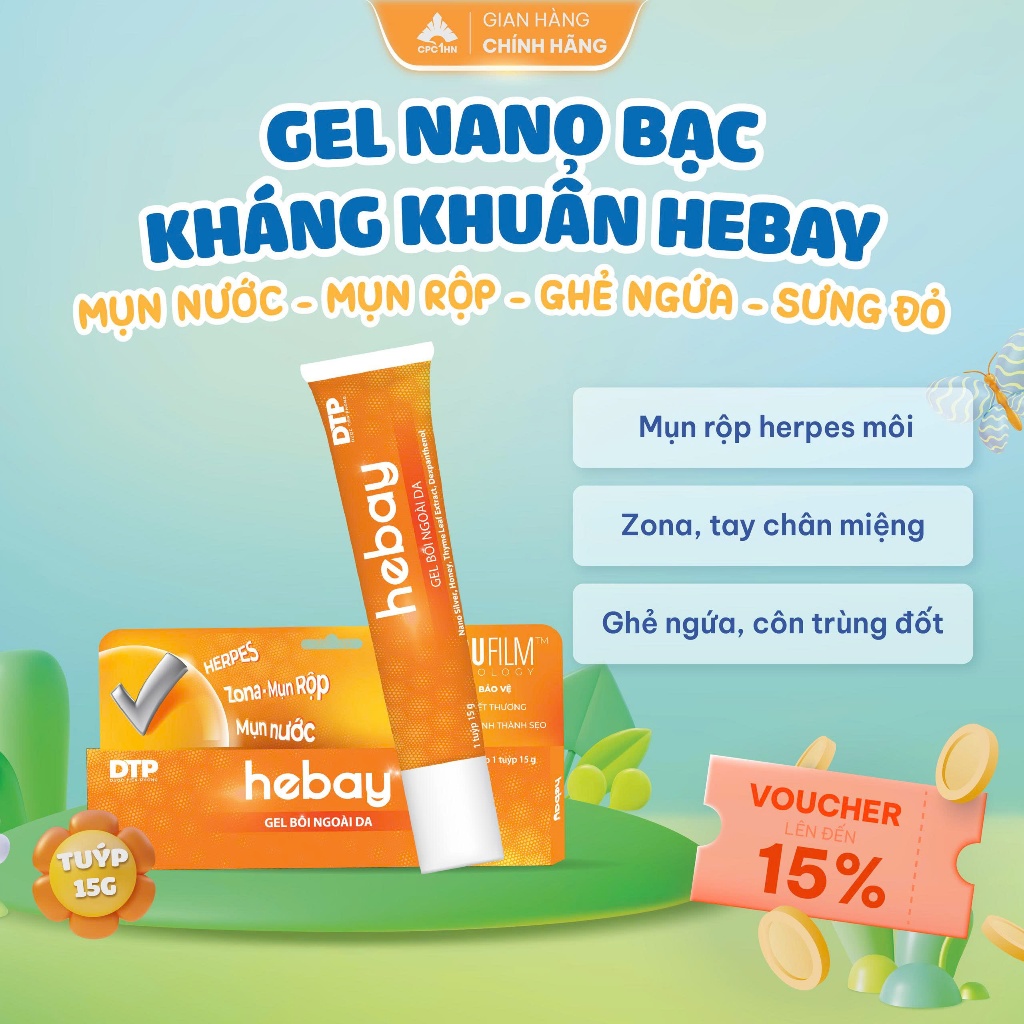 Gel Nano Bạc kháng khuẩn Hebay - Giảm Mụn Rộp, Herpes Môi, Tay Chân Miệng, Côn Trùng Đốt  (Tuýp 15g)