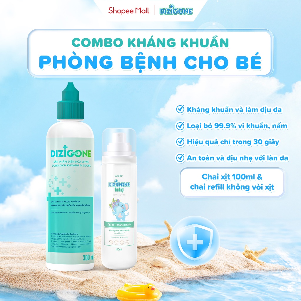 [COMBO] Xịt kháng khuẩn DIZIGONE Baby 100ml & Dung dịch kháng khuẩn DIZIGONE: Xịt tay chân, đồ chơi,