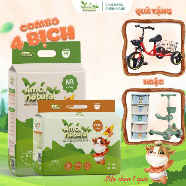 [4A] - [TẶNG XE ĐẠP/ TỦ 5 TẦNG/ SCOOTER ] Tã Bỉm Dán/ Quần AMOR NATURAL Việt Nam thoáng, thấm hút tố