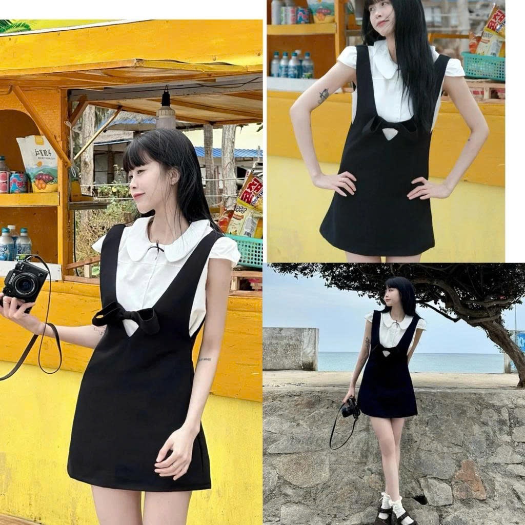 Set Váy Yếm Nơ Đen Phối Áo Sơmi Cổ Sen – Black Swan Baby Doll siêu xinh Dành Cho Nữ 247Store Setvay1