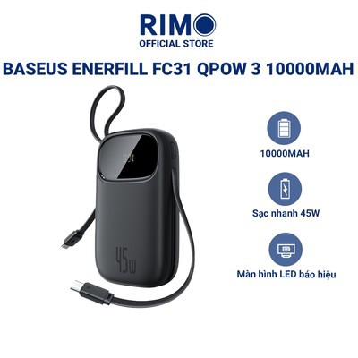 Sạc dự phòng Baseus FC31 Qpow 3 Digital Display 10000mAh 45W tích hợp cáp đôi Type-C