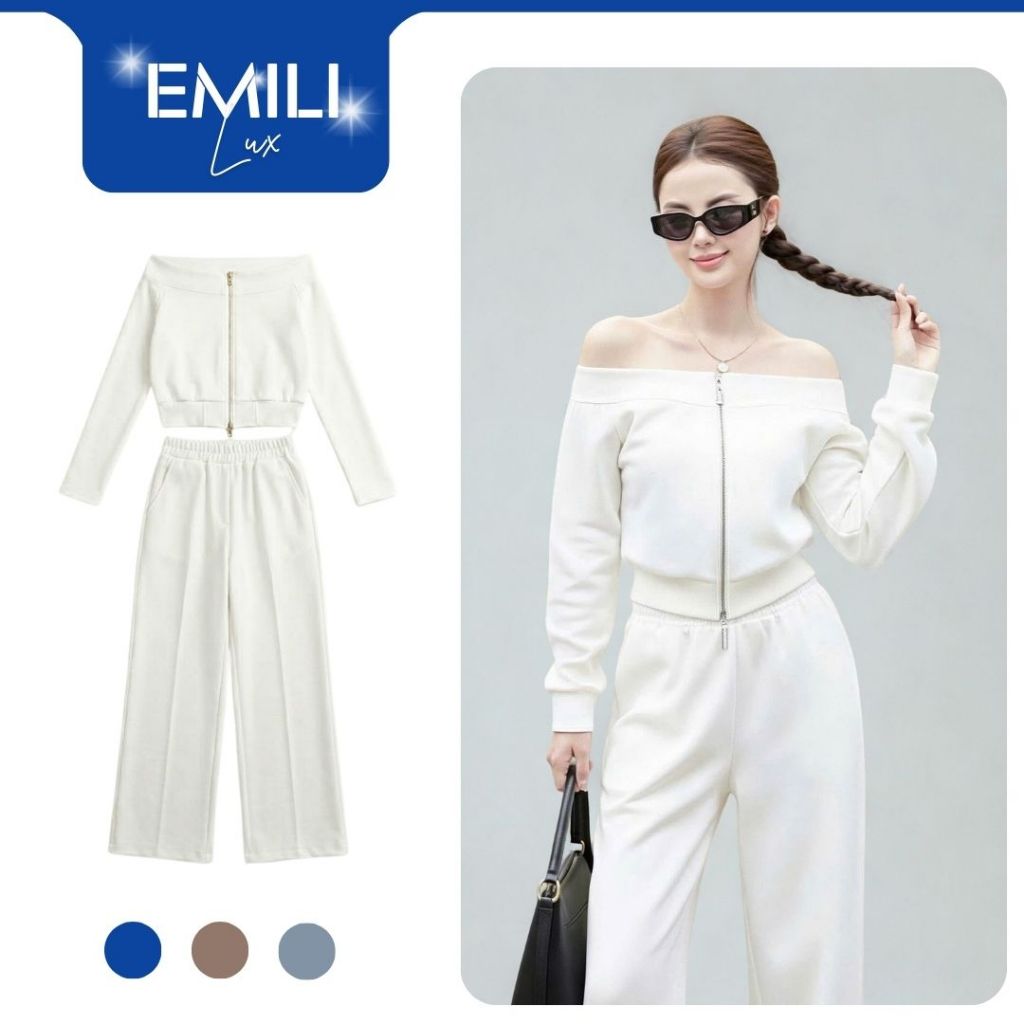 Set áo trễ vai phối quần ống rộng EMILI Lux bộ áo tay dài phong cách năng động B181