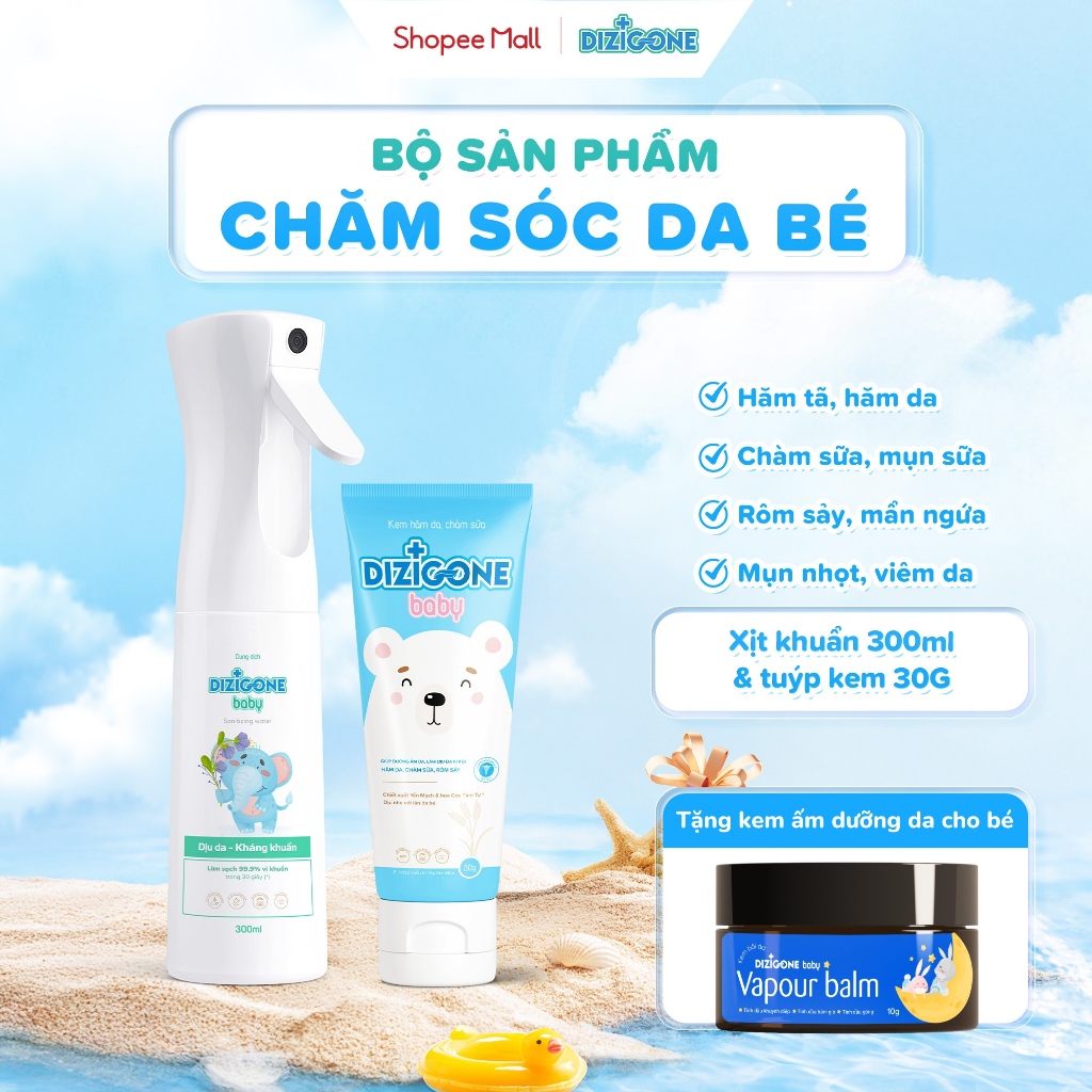 [COMBO] Xịt kháng khuẩn DIZIGONE Baby 300ml & Kem DIZIGONE Baby 30g: Đẩy lùi hăm tã, chàm sữa, chăm 