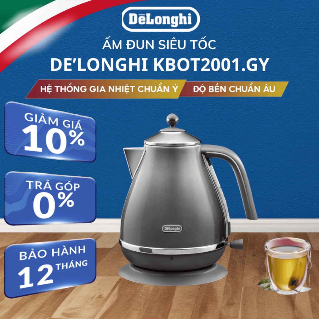 Ấm đun nước siêu tốc DeLonghi KBOT2001.GY - 1.7 lít, màu be/xám