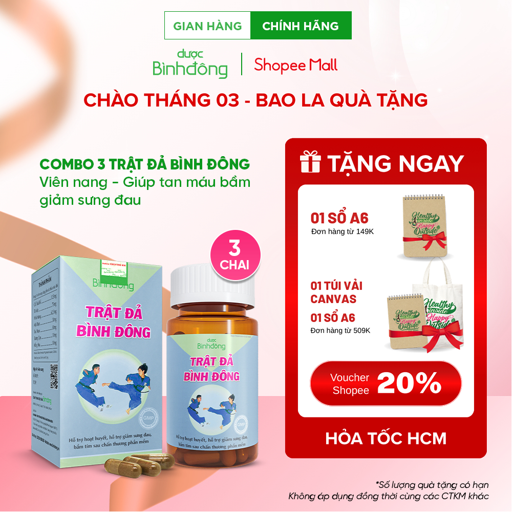Combo 3 hộp Trật Đả Bình Đông của Dược Bình Đông - Giúp tan máu bầm, giảm sưng - hộp 60 viên nang