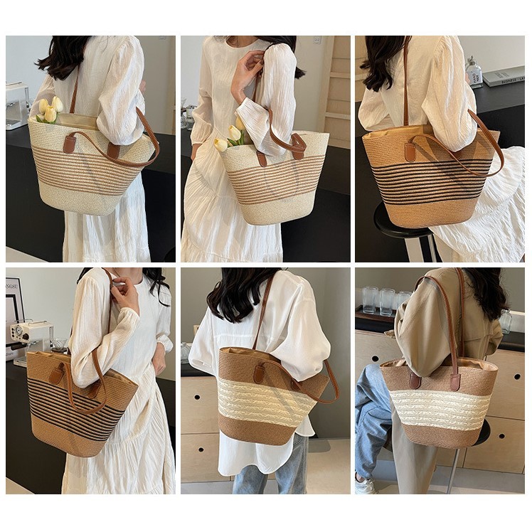 Túi cói đi biển kẻ sọc đeo vai size to có khóa kéo tiện lợi | BigBuy360 - bigbuy360.vn