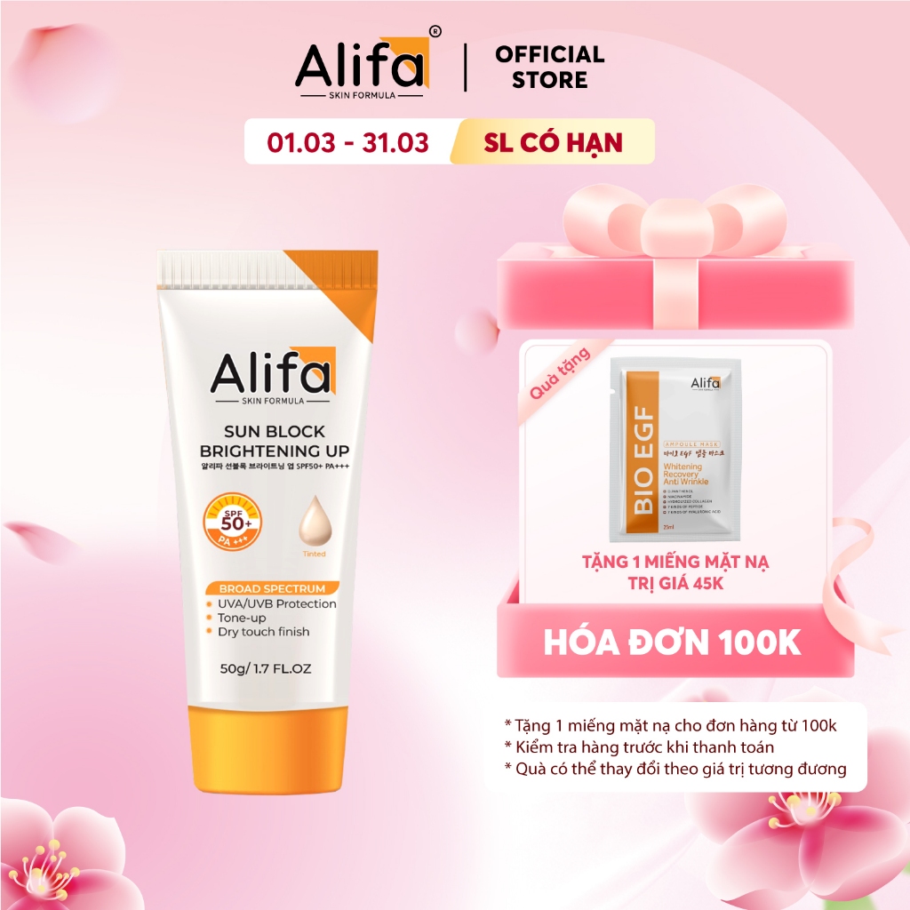 Kem chống nắng Alifa Sun Block Brightening Up 50g, SPF50+ PA+++, nâng tone, dưỡng da trắng mịn