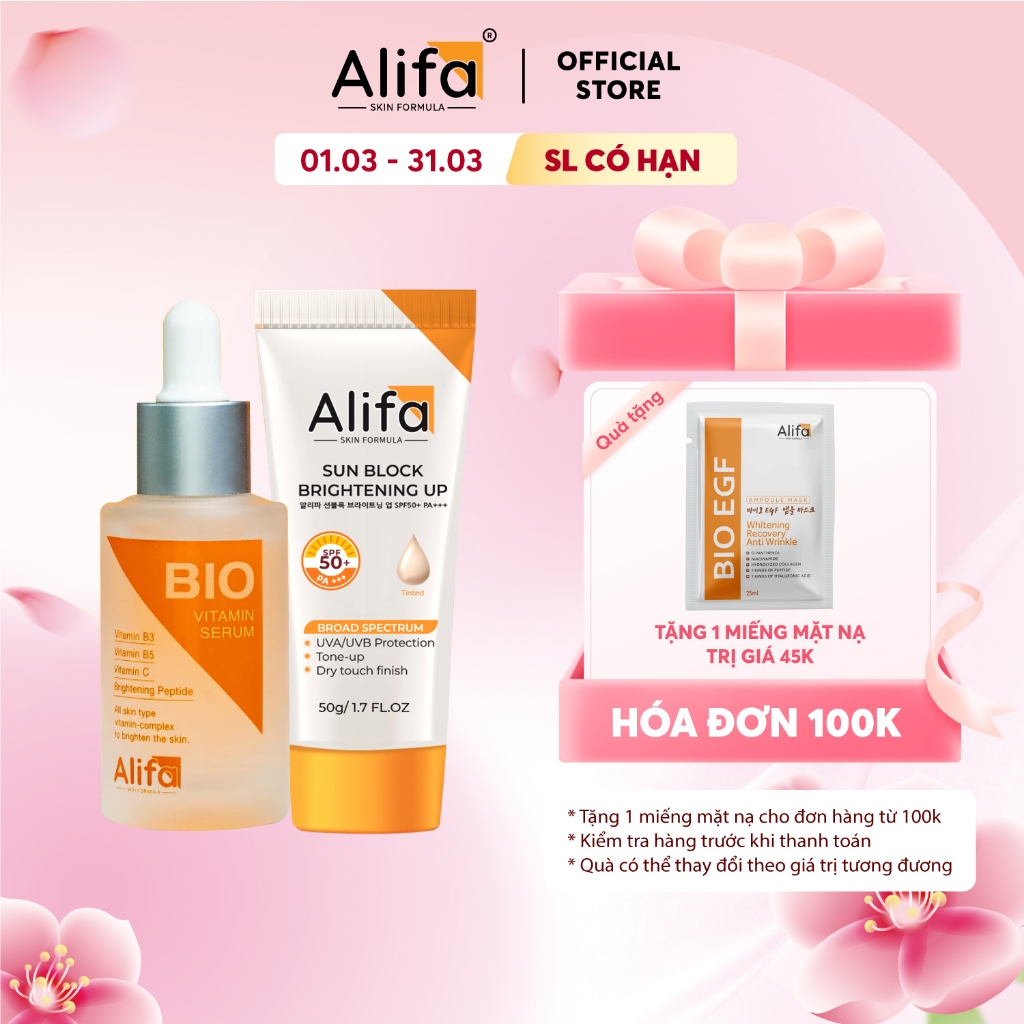 Combo dưỡng da 1: Kem chống nắng cho mặt Alifa Sun Block 50g và Serum dưỡng ẩm, dưỡng trắng da Alifa