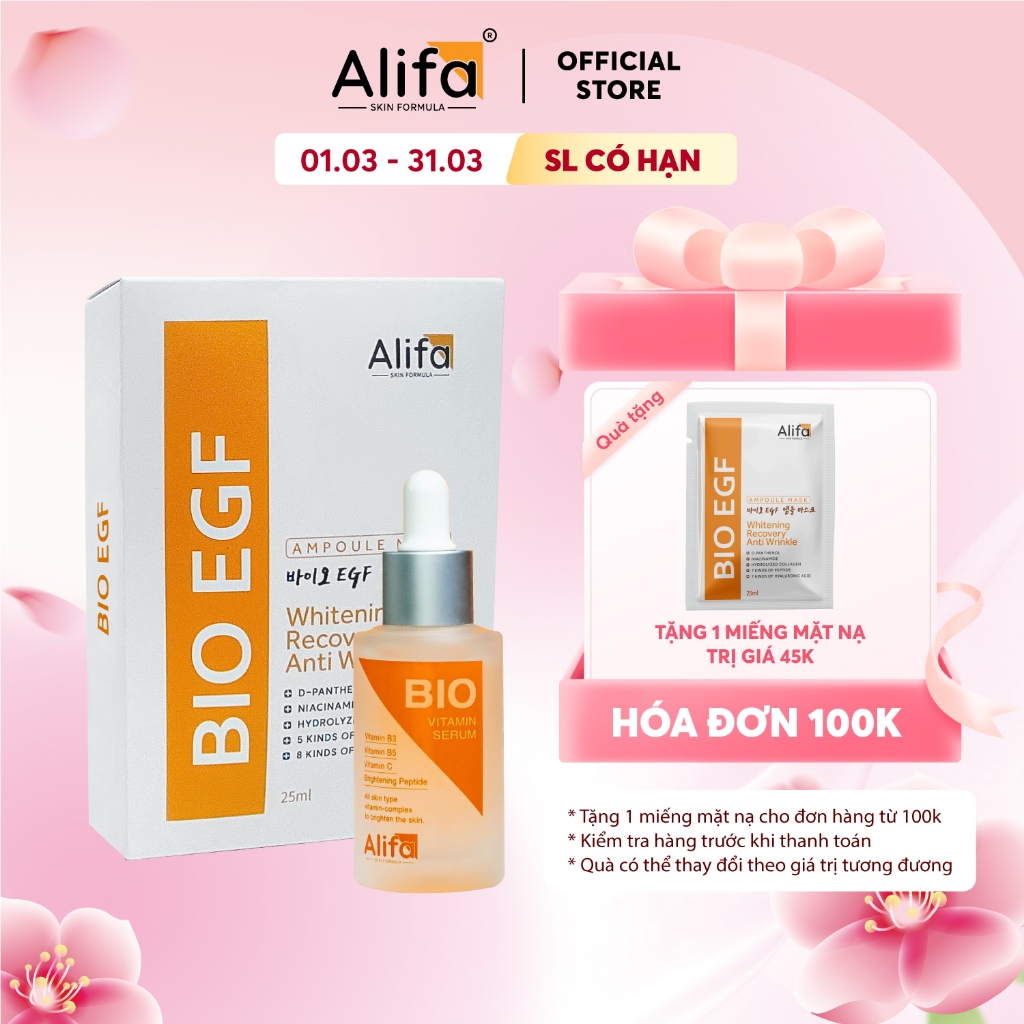Combo dưỡng da 2: Serum dưỡng ẩm, dưỡng trắng da BIO Alifa 35ml và Hộp 10 miếng Mặt nạ Alifa EGF dưỡ