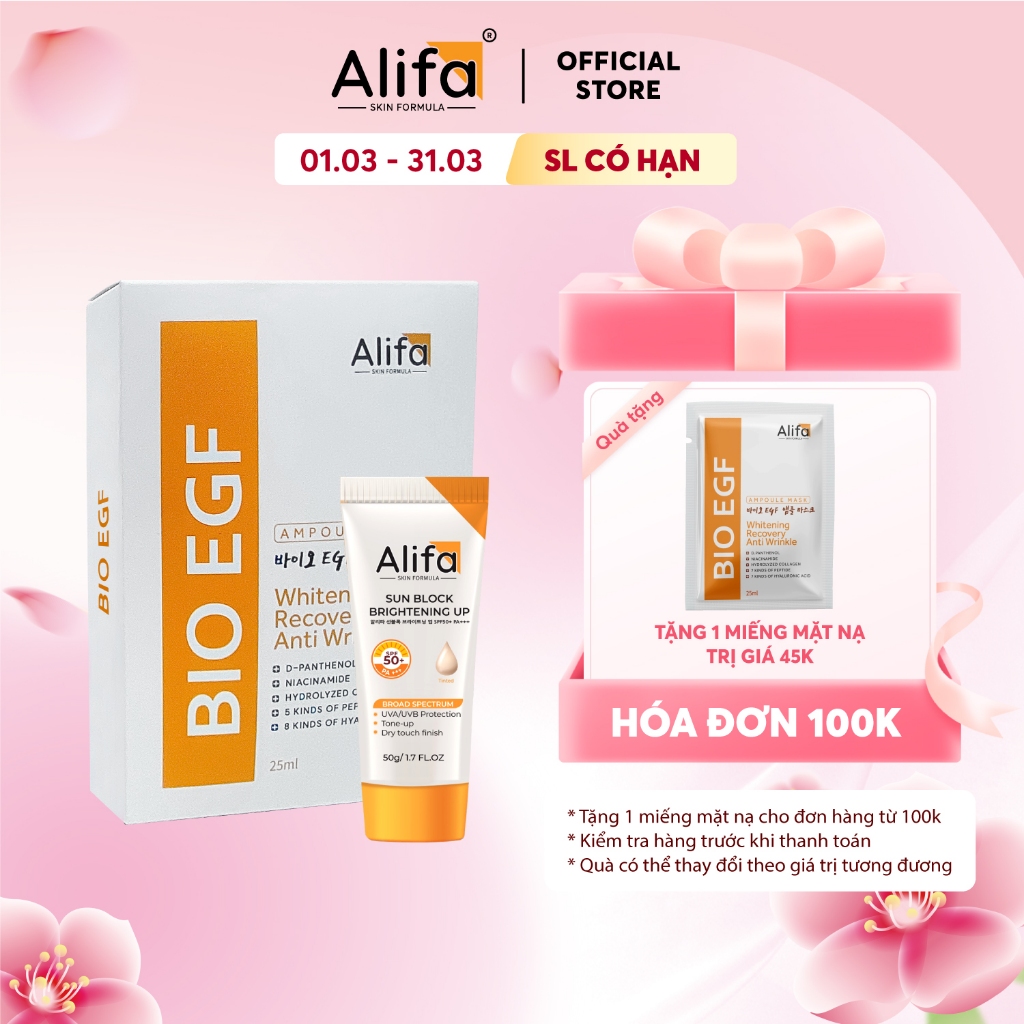 Combo dưỡng da 3: Hộp 10 miếng Mặt nạ Alifa BIO EGF dưỡng ẩm, phục hồi da 25ml và Kem chống nắng Ali
