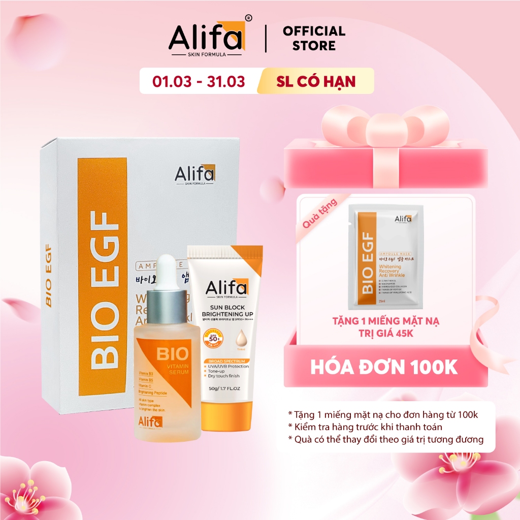 Combo dưỡng da 4: Serum dưỡng ẩm Alifa BIO 35ml - Hộp 10 miếng Mặt nạ Alifa BIO EGF 25ml - Kem chống
