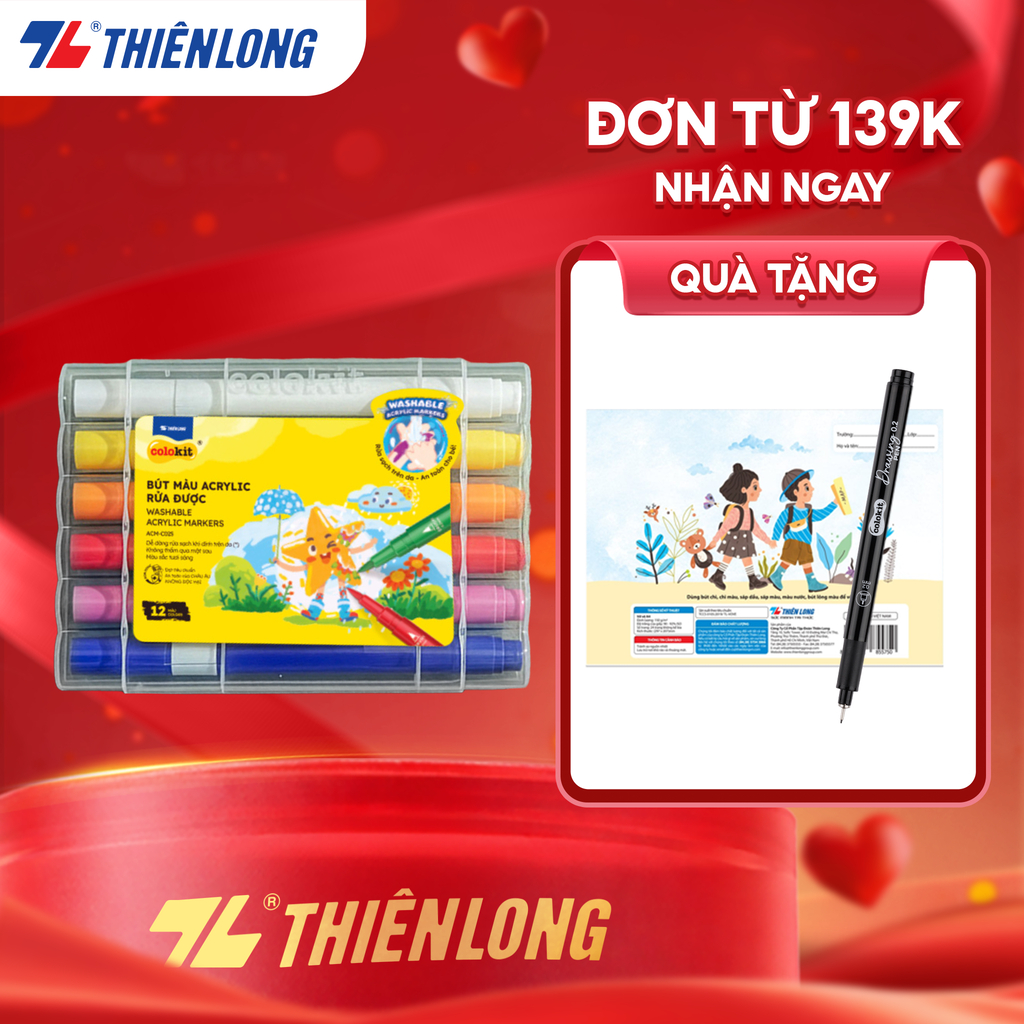 Bút màu Acrylic rửa được Thiên Long 12/24/36 màu Washable Acrylic Markers - Màu lông dễ dàng rửa sạch, chồng màu tốt