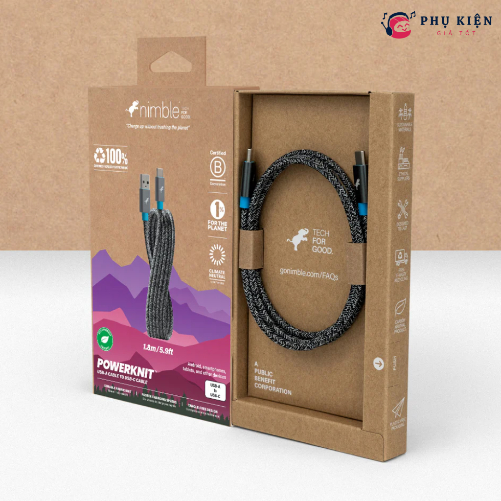 Cáp sạc USB A to C Powerknit Nimble bọc dù dài 1.8m