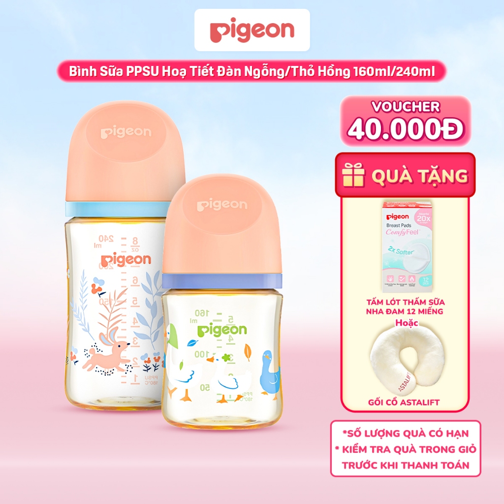 Bình Sữa Pigeon PPSU Softouch Baby-Friendly World Hoạ Tiết Đàn Ngỗng/Thỏ Hồng 160ml/240ml
