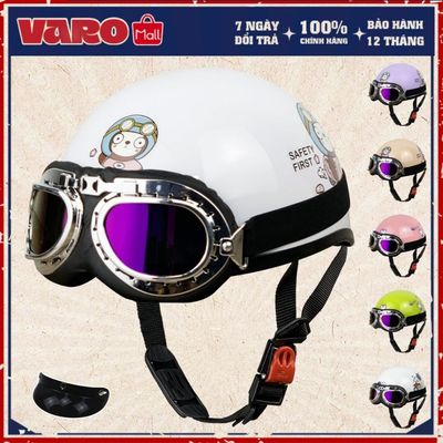 Mũ Bảo Hiểm Nửa Đầu VaroHelmet Tem Thỏ, Gấu Dễ Thương Kèm Kính Phi Công, Kính UV Chính Hãng
