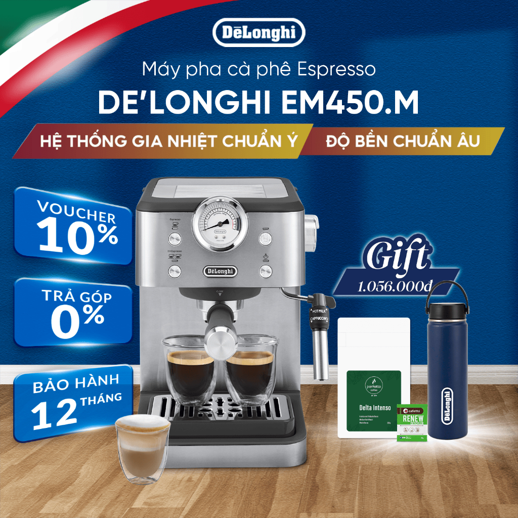 Máy Pha Cà Phê Espresso DeLonghi Classic EM450.M – 15 Bar, Đánh Sữa Cappuccino, Pha Cà Phê Ý Tại Nhà