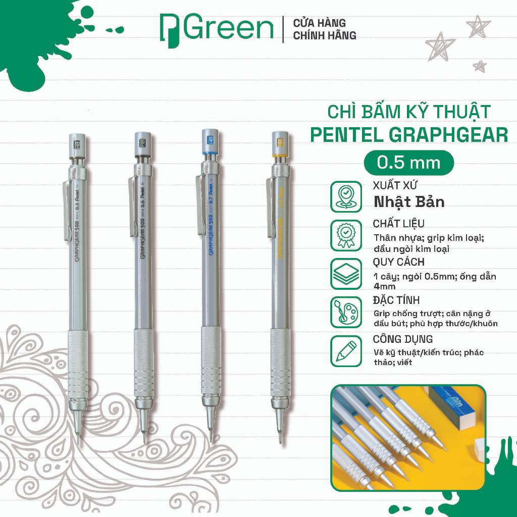 Chì bấm kỹ thuật Pentel GraphGear 500 0.5mm | PGREEN