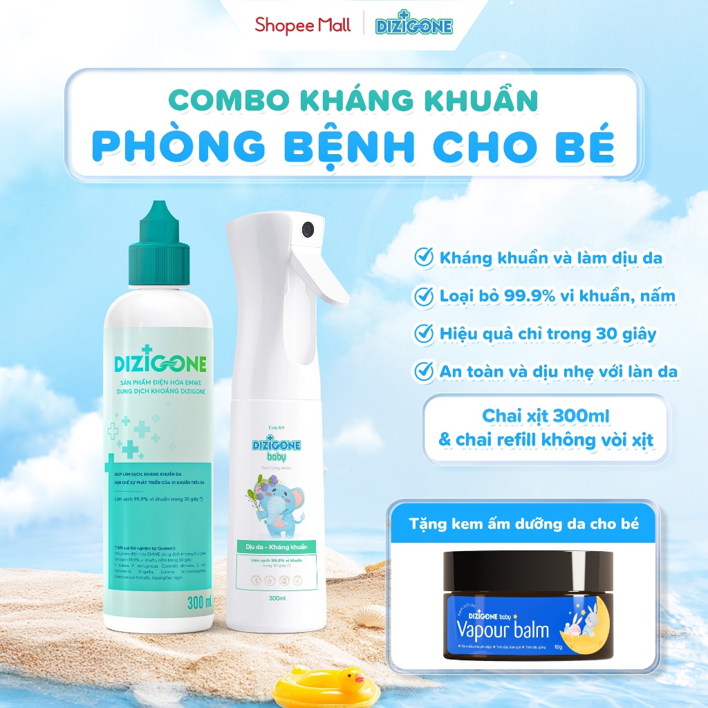 [COMBO] Xịt kháng khuẩn DIZIGONE Baby 300ml & Dung dịch kháng khuẩn DIZIGONE: Xịt tay chân, đồ chơi,