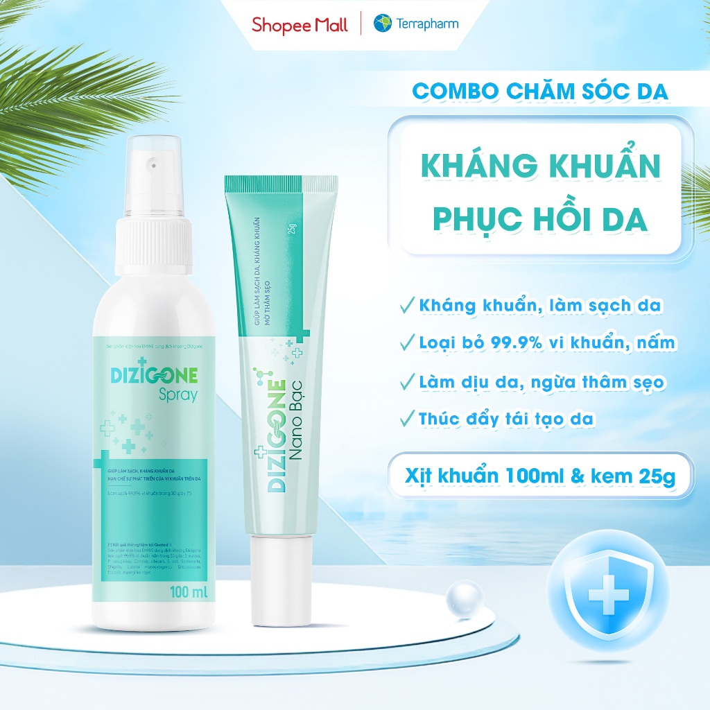 [COMBO] Xịt kháng khuẩn DIZIGONE Spray 100ml & Kem DIZIGONE Nano Bạc 25g: Kháng khuẩn, phục hồi da, 