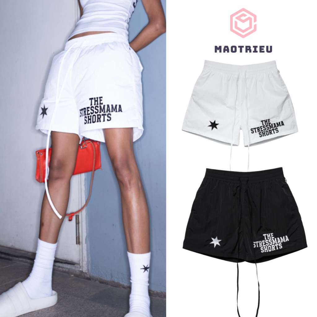 Quần đùi gió Nam Nữ  logo co dãn dáng rộng lưng chun dây rút thoải mái vận động phong cách streetwear MaMa