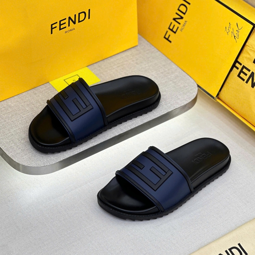 Dép Fendi FF Logo Quai Ngang Xanh Navy Đế Đen