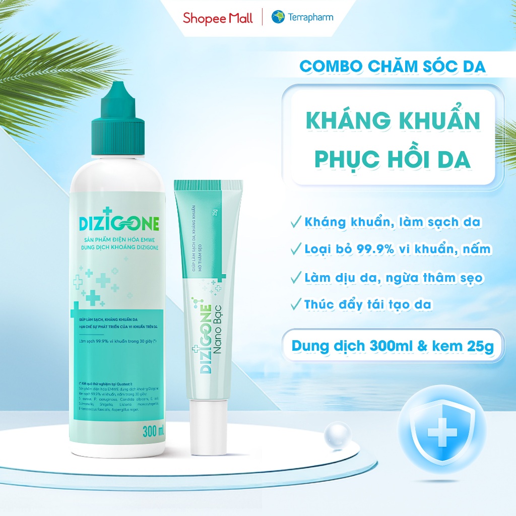 [COMBO] Dung dịch kháng khuẩn DIZIGONE 300ml & Kem DIZIGONE Nano Bạc 25g: Kháng khuẩn, phục hồi da, 