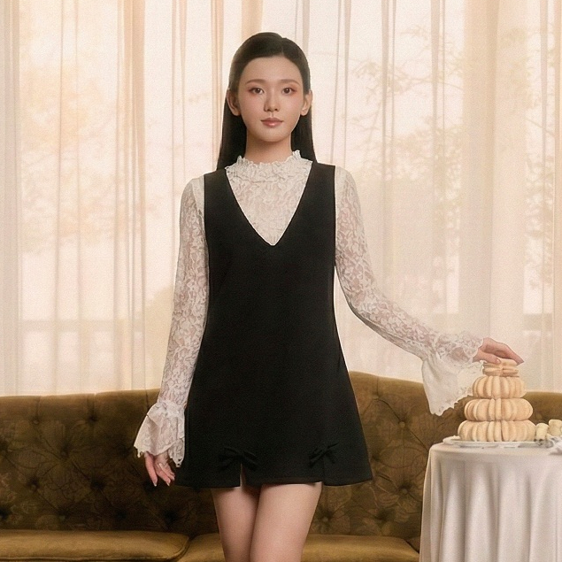 --[XH]--Set váy yếm nữ dáng ngắn mix áo ren thiết kế tay bèo tiểu thư Linly store