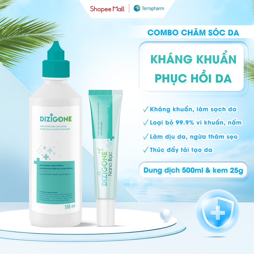 [COMBO] Dung dịch kháng khuẩn DIZIGONE 500ml & Kem DIZIGONE Nano Bạc 25g: Kháng khẩn, phục hồi da, m