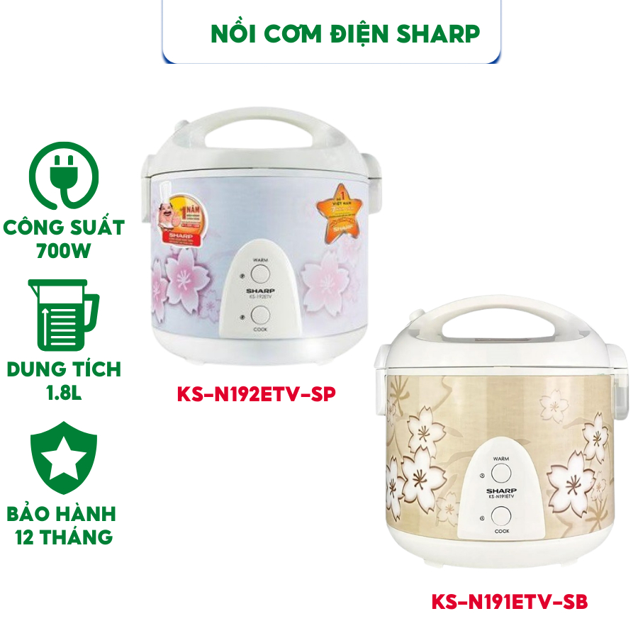 Nồi cơm điện Sharp dung tích 1.8L KS-N192ETV / KS-N191ETV - Công suất 700 W, Công nghệ nấu 2D