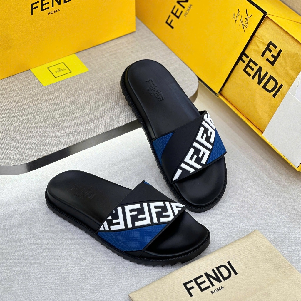 Dép Fendi FF Logo Quai Ngang Đen Xanh Nam