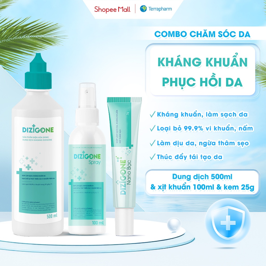 [COMBO] Dung dịch DIZIGONE 500ml & Xịt DIZIGONE 100ml & Kem DIZIGONE Nano Bạc 25g: Kháng khuẩn, làm 
