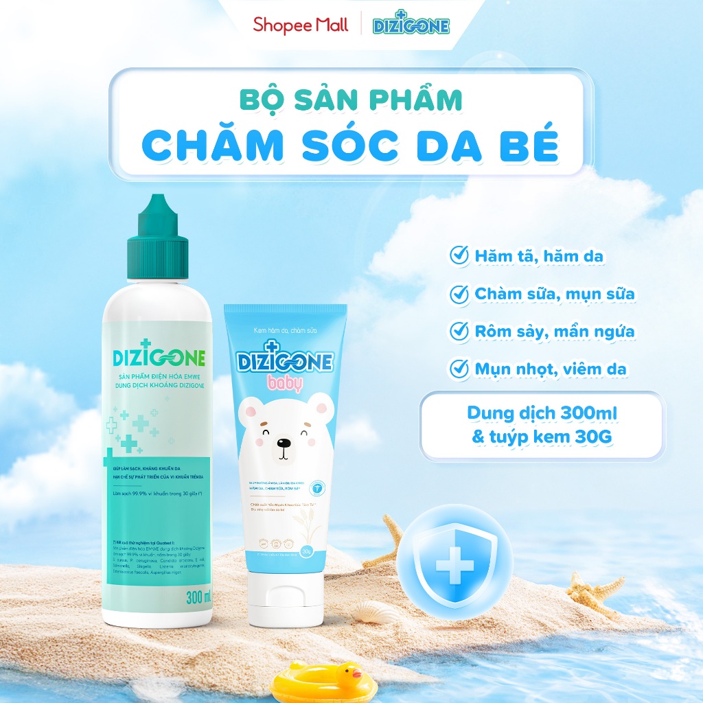 [COMBO] Dung dịch kháng khuẩn DIZIGONE 300ml & Kem DIZIGONE Baby 30g: Đẩy lùi hăm tã, chàm sữa & bảo