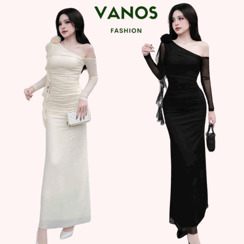 Đầm body dự tiệc trễ vai tay áo dài kèm phụ kiện hoa 2 màu Đầm Trắng Đen form Đầm dài ôm tôn dáng FT