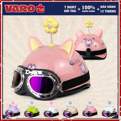Combo Mũ Bảo Hiểm Nửa Đầu VaroHelmet Kính Phi Công Kèm Tai Mèo & Hoa Dễ Thương Freeize Chính Hãng