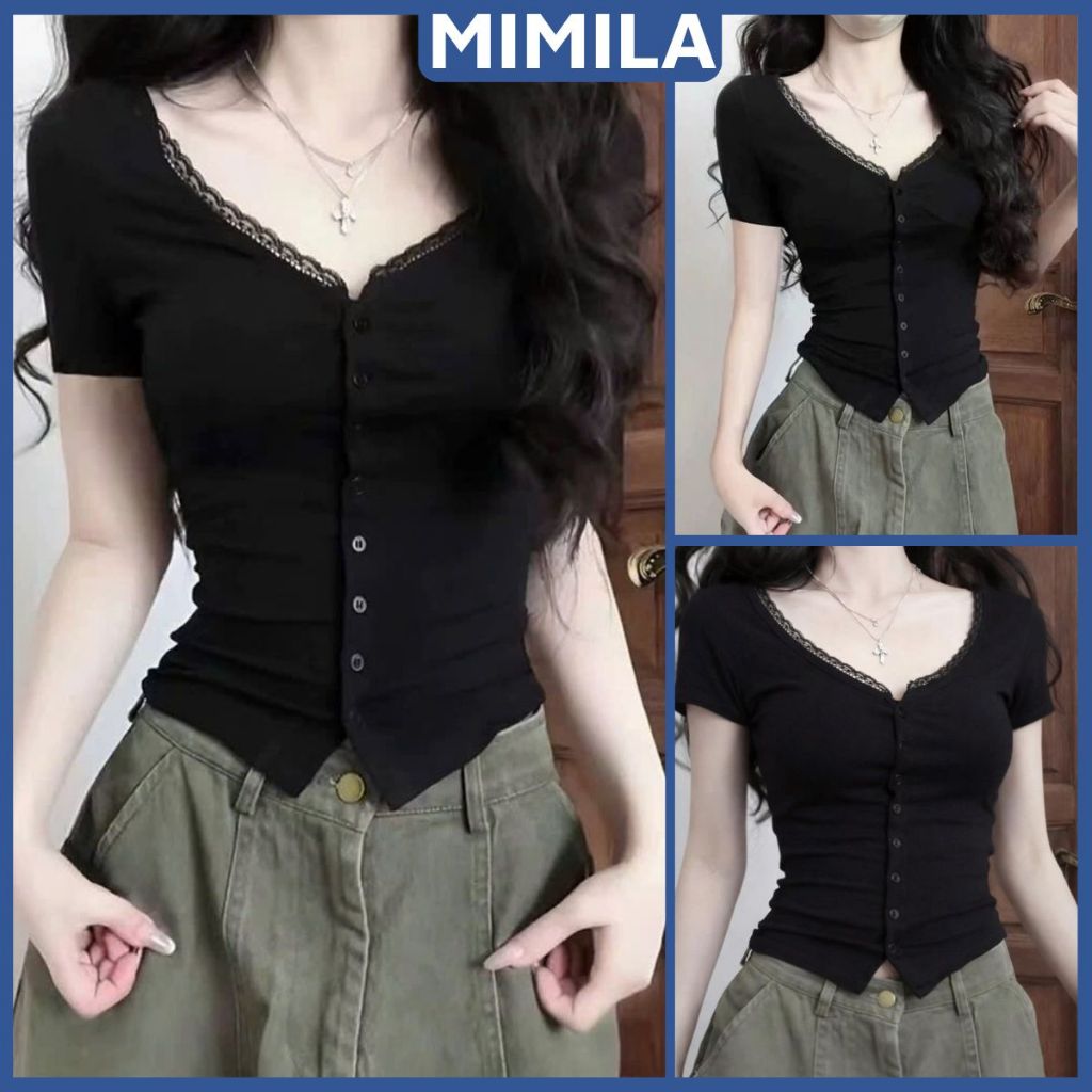 [CÓ SIZE] Áo Thun Cộc Tay Phối Cổ Ren Nữ MIMILA Thiết Kế Ôm Dáng Cúc Cài Chất Thun Cotton Mềm Mát - 