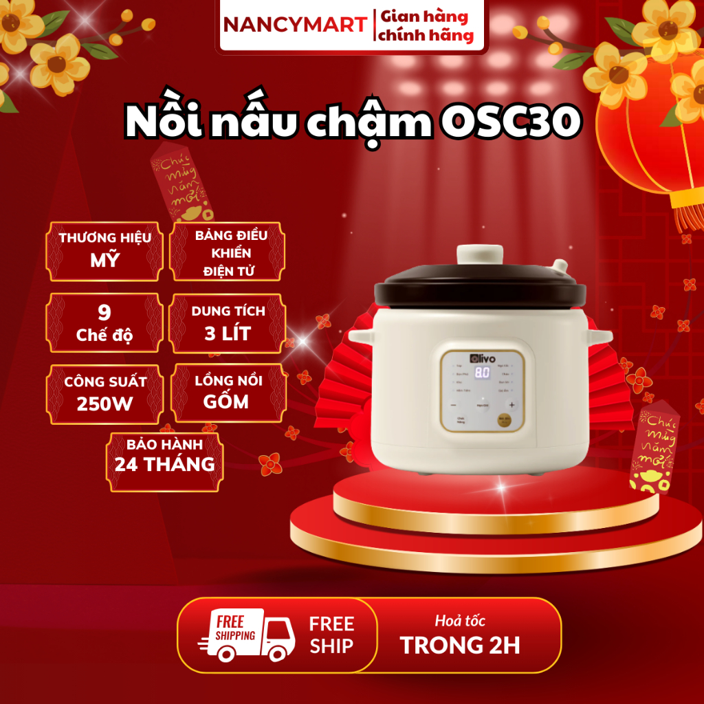 [Chính hãng]Nồi Nấu Chậm Olivo OSC30-9Chế Độ Cài Sẵn,Bảng Điều Khiển Điện Tử,Lòng Gốm Tráng Men,Nắp Gốm Giữ Nhiệt,3L