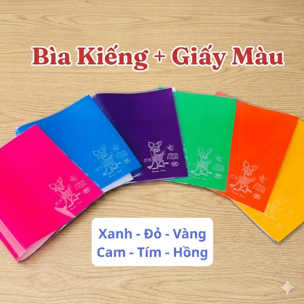 Combo 10 Tờ Bìa Bao Tập Vở Học Sinh Khổ 20.5cm (Bìa Kiếng Trong Con Nai + Giấy Màu Thủ Công)
