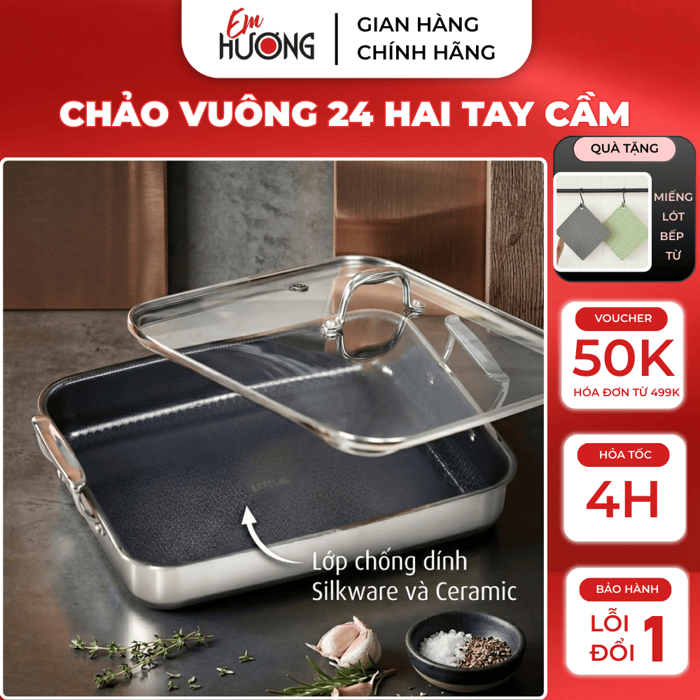 (TẶNG MIẾNG LÓT BẾP TỪ) Chảo vuông đa năng 24 hai tay cầm iMat Hybrid - Em Hương