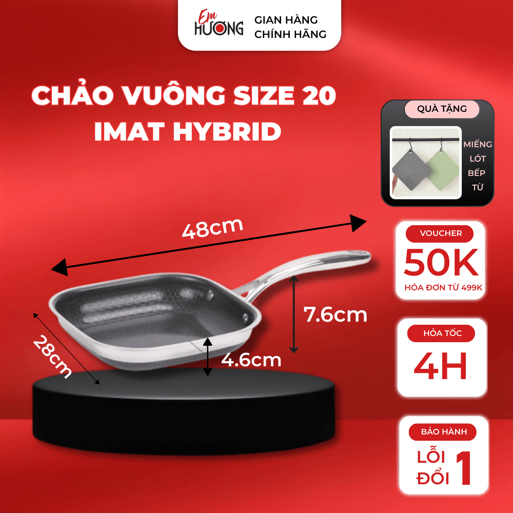 (TẶNG MIẾNG LÓT BẾP TỪ) Chảo Vuông 20 IMat Hybrid, chảo vuông đa năng cao cấp - Em Hương