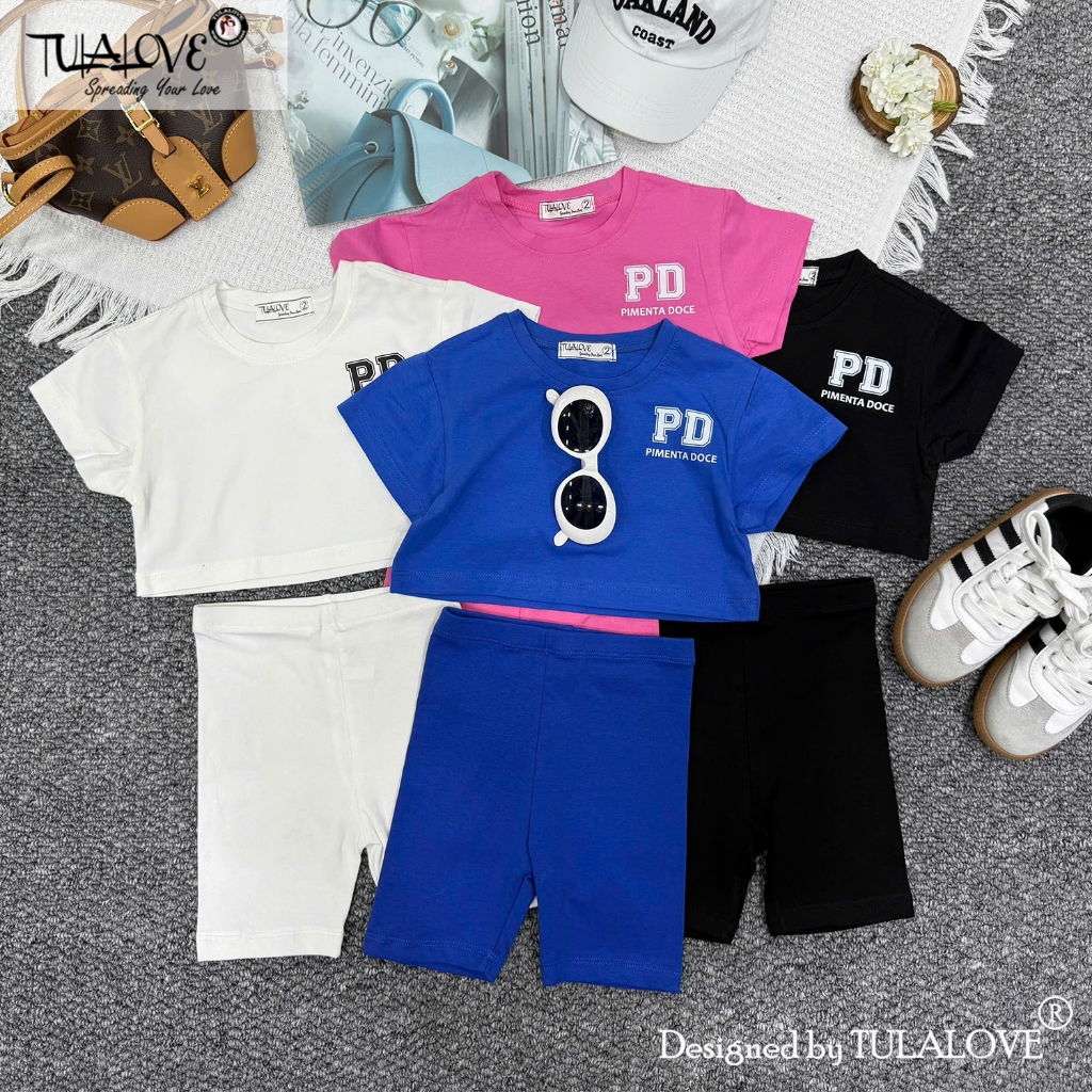 BỘ ÁO CROPTOP CỘC TAY HÌNH IN + LEGGING ĐÙI CHO BÉ GÁI TULALOVE, Combo Quần Áo Mùa Hè Cho Bé Gái