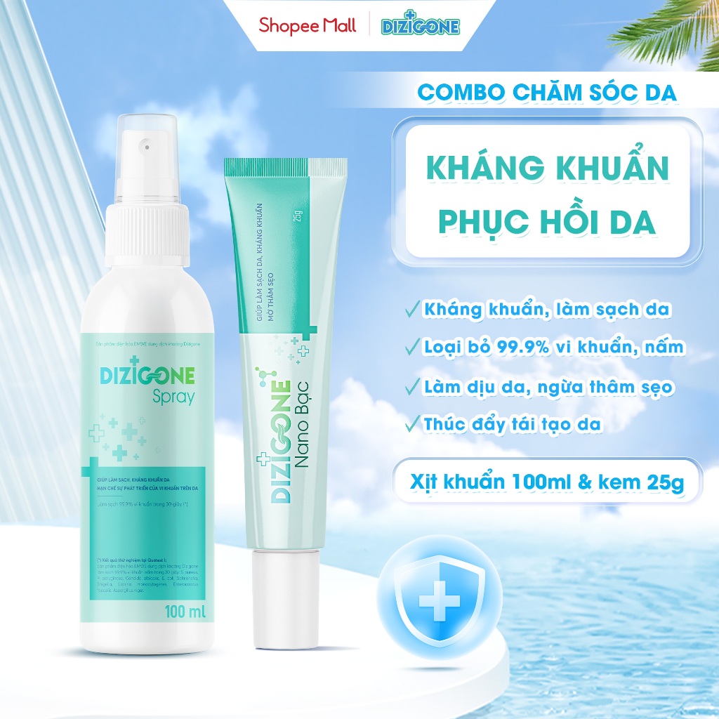 [COMBO] Xịt kháng khuẩn DIZIGONE Spray 100ml & Kem DIZIGONE Nano Bạc 25g: Làm sạch dịu, phục hồi da,