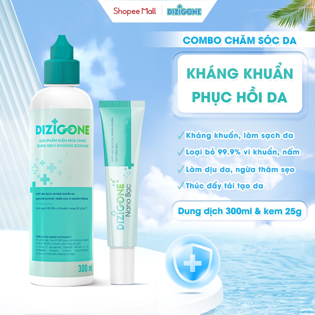 [COMBO] Dung dịch điện hóa DIZIGONE 300ml & Kem DIZIGONE Nano Bạc 25g: Kháng khuẩn, làm dịu, phục hồ