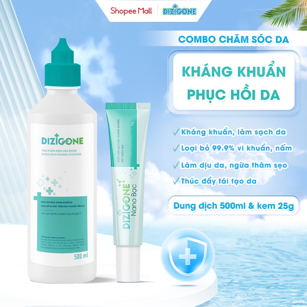 [COMBO] Dung dịch điện hóa DIZIGONE 500ml & Kem DIZIGONE Nano Bạc 25g: Kháng khuẩn, làm dịu, phục hồ