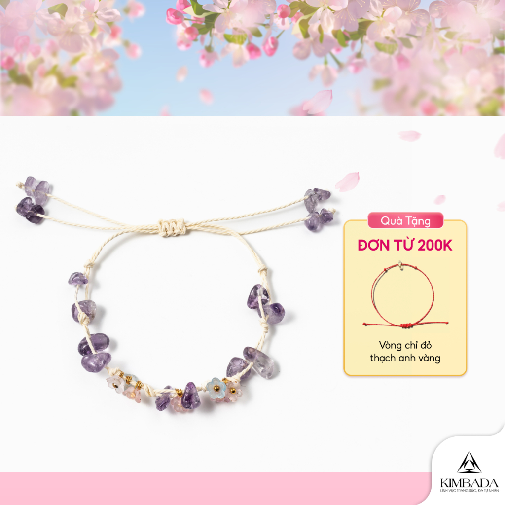 Vòng tay nữ thạch anh tự nhiên mix charm hoa nhựa Kimbada handmade mang năng lượng cao