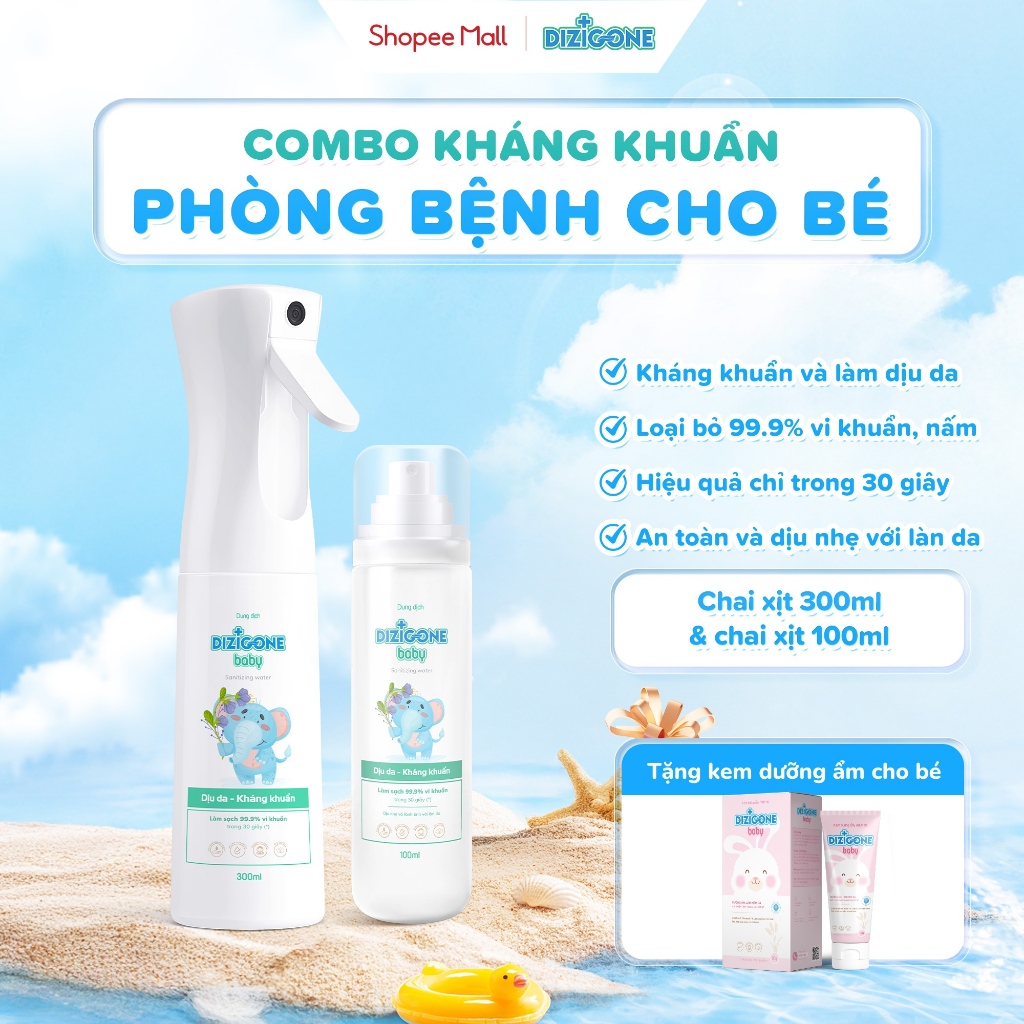 [COMBO] Xịt kháng khuẩn DIZIGONE Baby 100ml & Xịt kháng khuẩn DIZIGONE Baby 300ml: Xịt tay chân, đồ 