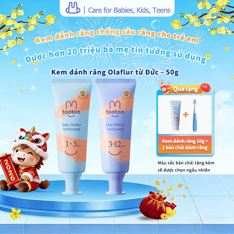 Kem đánh răng cho bé tootoo Babies Kids Olaflur ngừa sâu răng cho trẻ từ 0-12 tuổi hương đào 50g