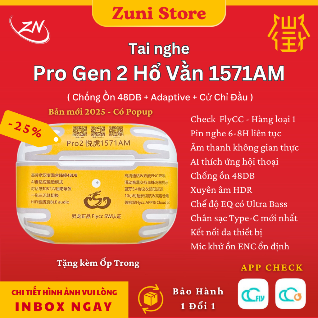 [ Pro 2 1571AM ] Tai Nghe Hổ Vằn 1571AM Chống Ồn ANC 48DB - Xuyên Âm - Thích Ứng Cuộc Hội Thoại ( Ad