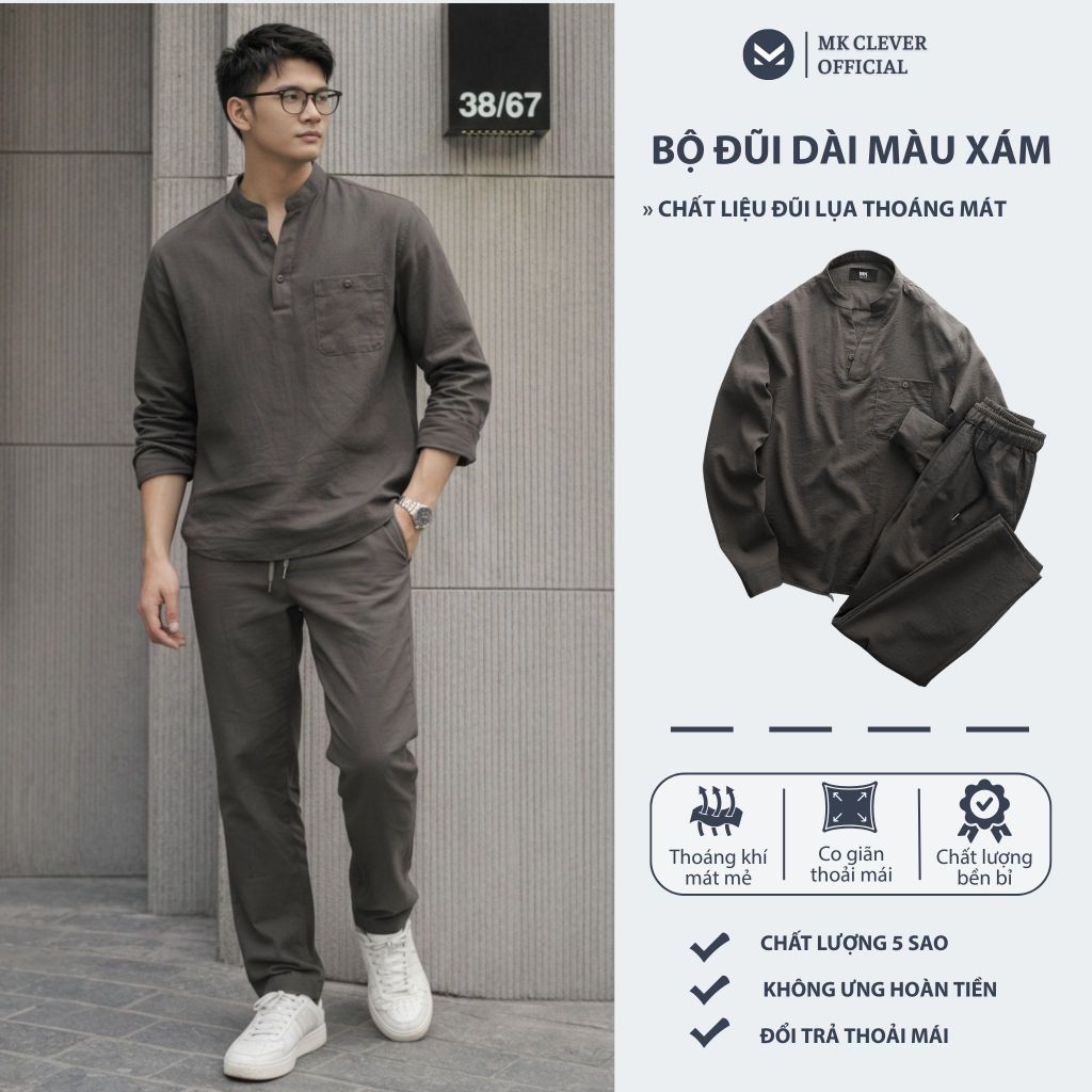 Set đồ bộ Đũi lụa màu xám Dài Tay Nam Prime MK Chất vải đũi lụa mềm mịn set sơ mi quần đũi dài đi ch