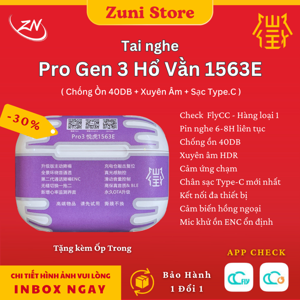 [ Pro 3 1563E ] Tai Nghe Bluetooth Hổ Vằn Pro 3 1563E Chống Ồn ANC 40DB - Xuyên Âm - Kết Nối Đa Thiế